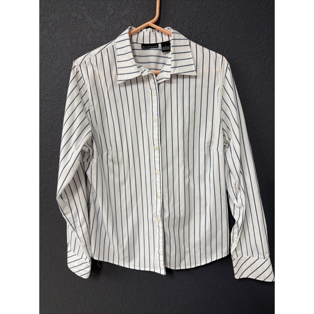 Womens Bay Studio Large Blue White Striped Button Down Long Sleeve Top